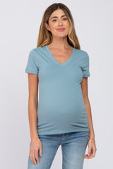 Blue V-Neck Short Sleeve Maternity Top