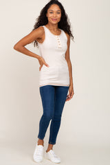Cream Sleeveless Ribbed Button Front Top