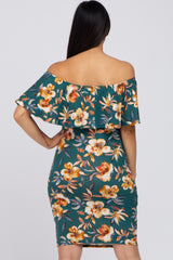 Green Floral Fitted Maternity Off Shoulder Dress