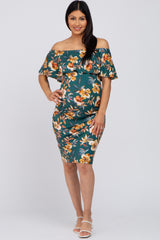 Green Floral Fitted Maternity Off Shoulder Dress