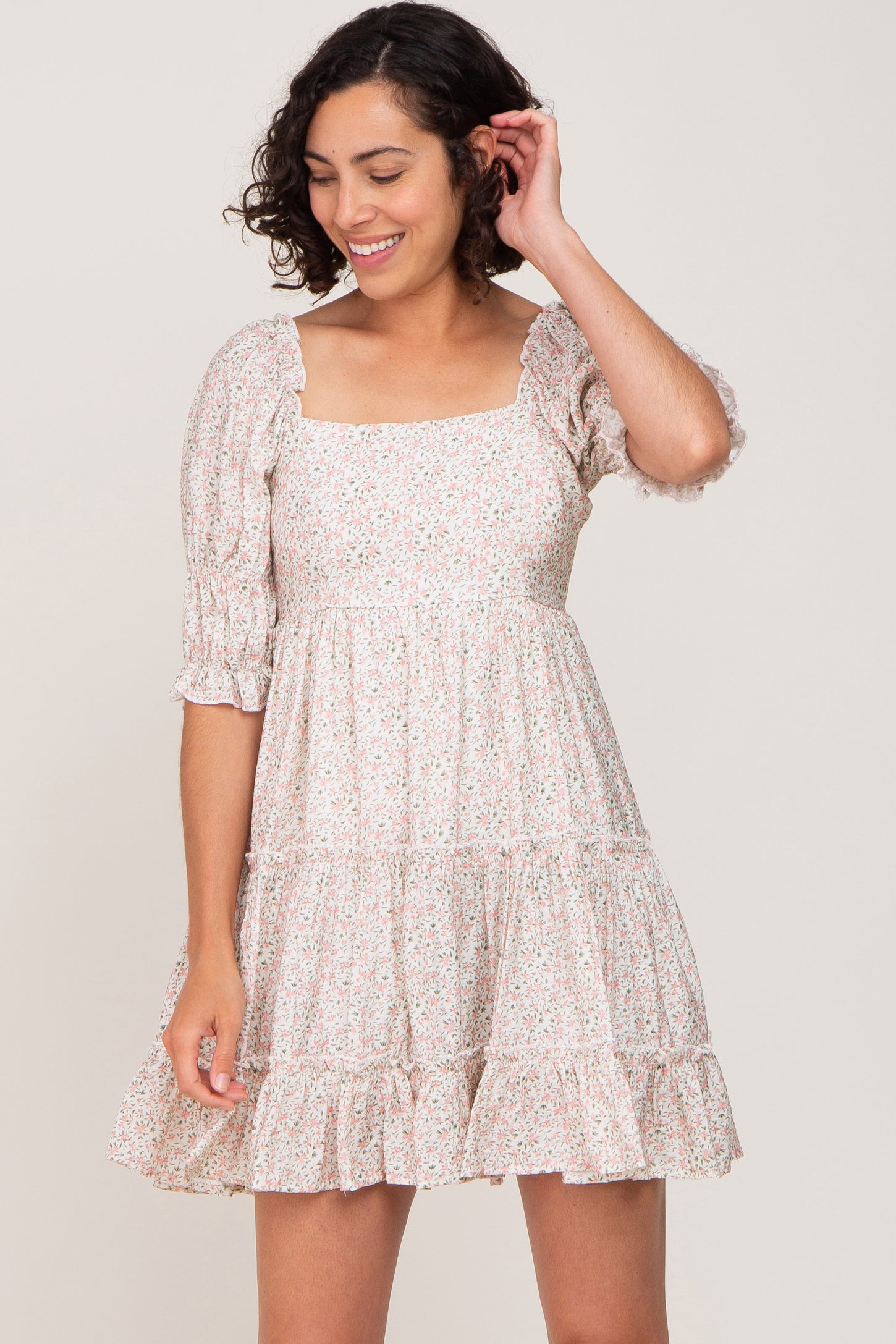 Ivory Floral Square Neck Ruffle Tiered Maternity Dress