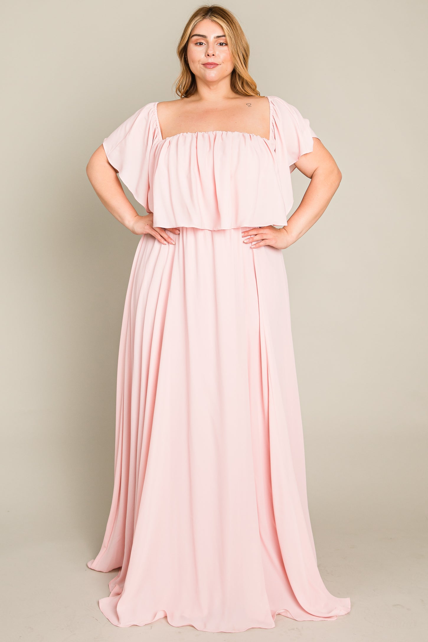 Light Pink Chiffon Off Shoulder Plus Gown