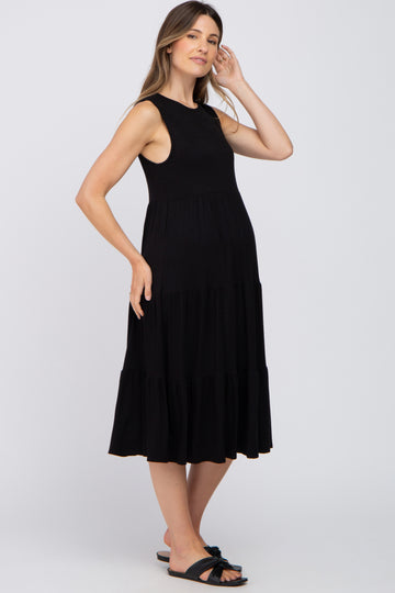 Black Tiered Sleeveless Maternity Midi Dress