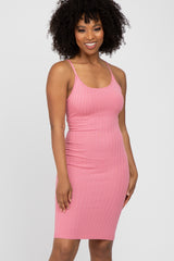 Pink Ribbed Knit Fitted Dress