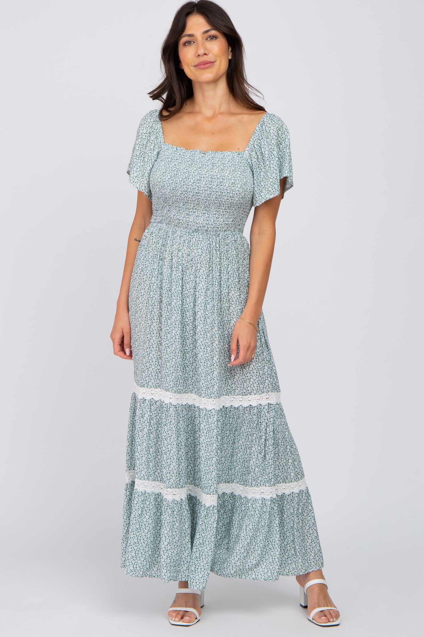 Green Floral Square Neck Smocked Front Lace Trim Maxi Dress