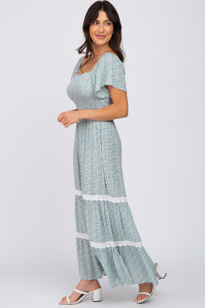 Green Floral Square Neck Smocked Front Lace Trim Maxi Dress