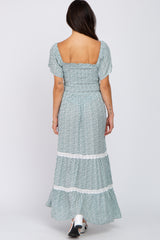 Green Floral Square Neck Smocked Front Lace Trim Maxi Dress