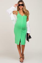 Lime Ribbed Snap Button Front Maternity Midi Dress