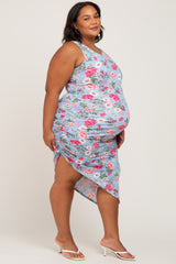 Blue Floral Ruched Asymmetrical Maternity Plus Midi Dress