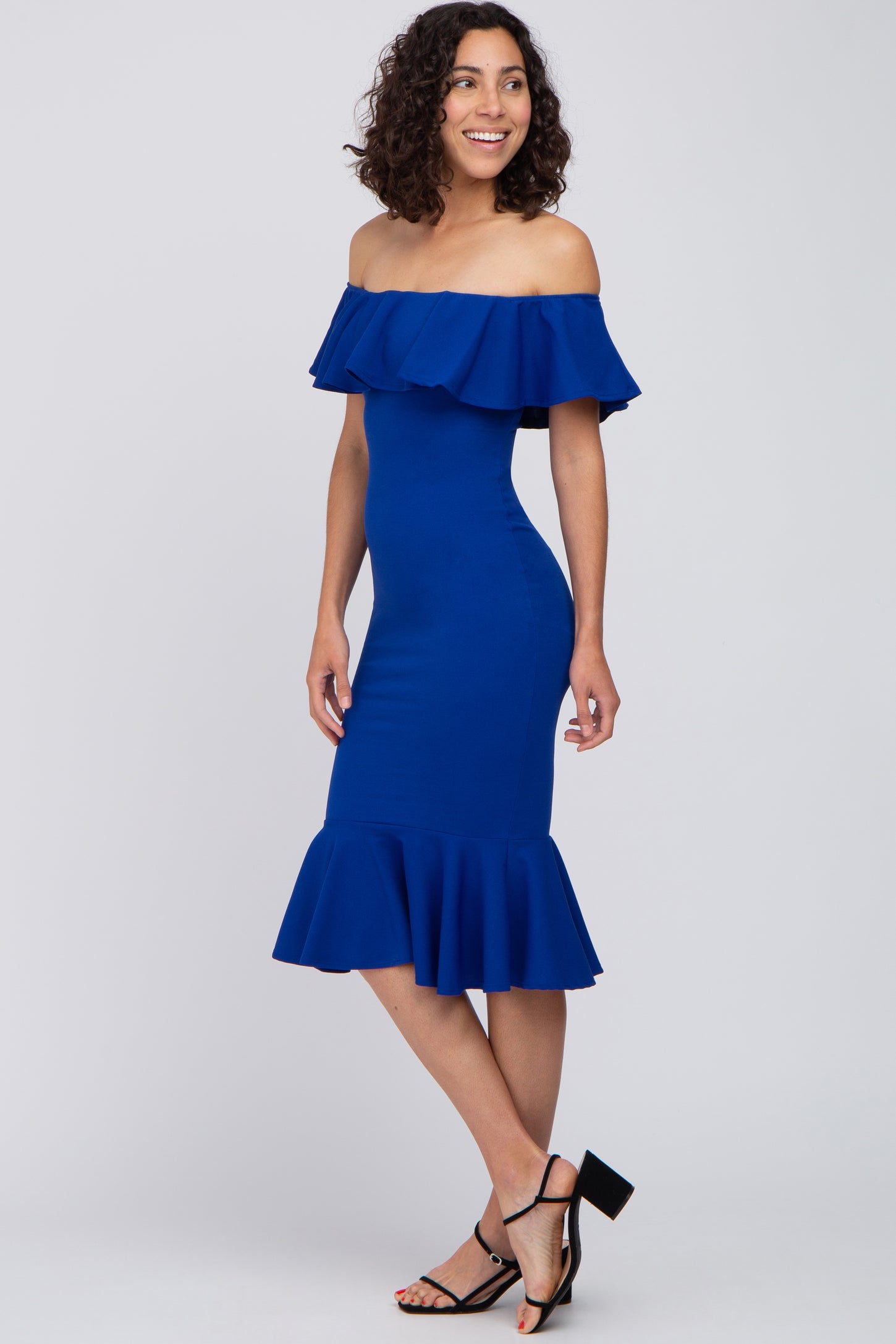Royal Blue Ruffle Off Shoulder Mermaid Hem Dress PinkBlush Royal Blue Ruffle Off Shoulder Mermaid Hem Dress PinkBlush