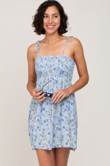 Light Blue Floral Smocked Square Neck Shoulder Tie Maternity Mini Dress