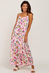Pink Floral Smocked Accent Maternity Maxi Dress