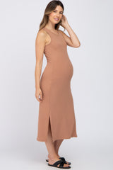 Mocha Ribbed Side Slit Maternity Midi Dress