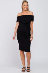 Black Folded Off Shoulder Waist Tie Maternity Midi Dress
