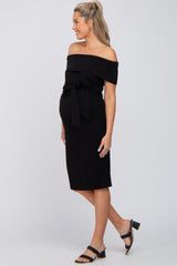 Black Folded Off Shoulder Waist Tie Maternity Midi Dress