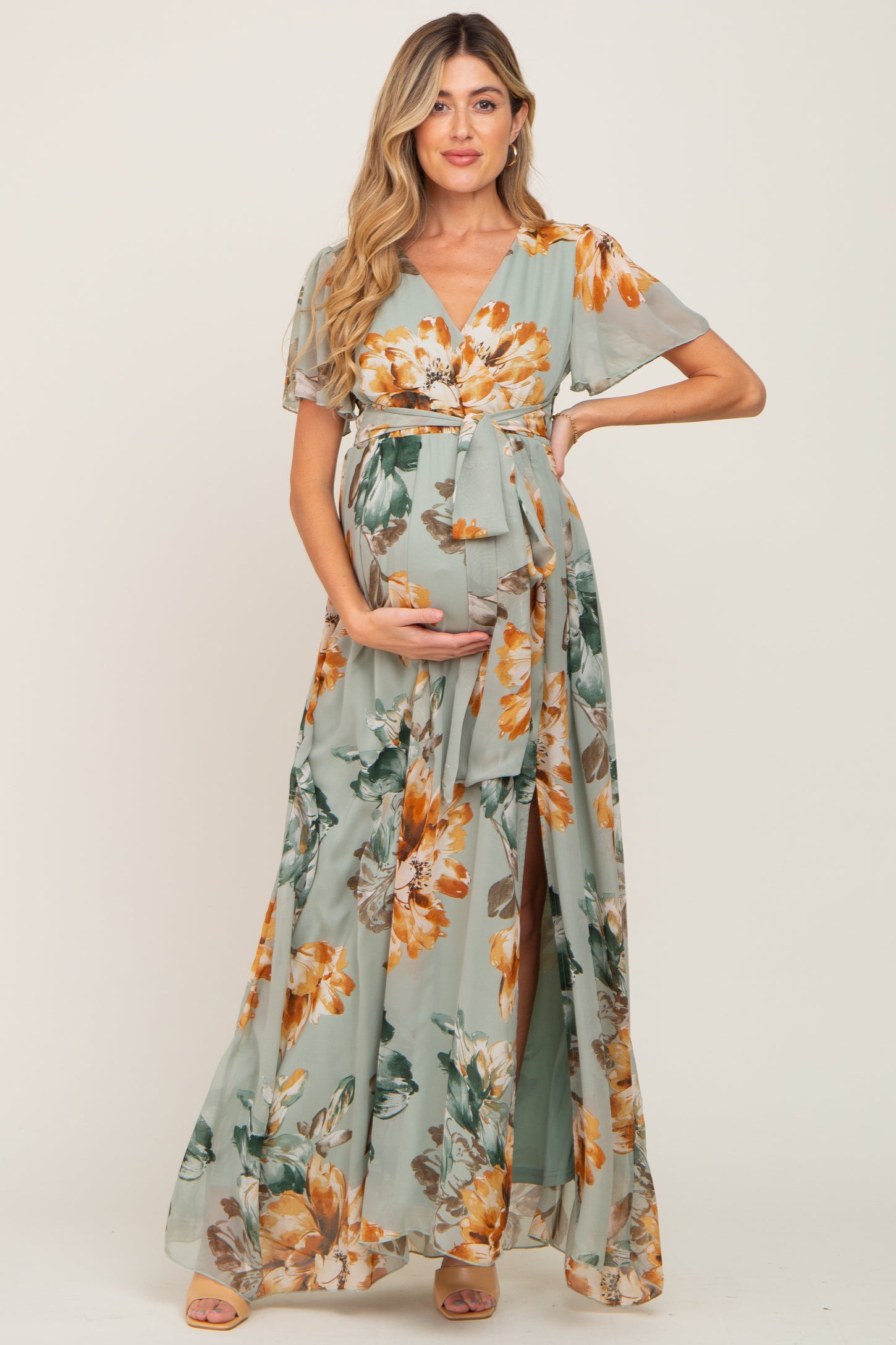 Sage Floral Chiffon Short Sleeve Maternity Maxi Dress PinkBlush Sage Floral Chiffon Short Sleeve Maternity Maxi Dress PinkBlush