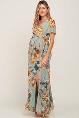 Sage Floral Chiffon Short Sleeve Maternity Maxi Dress