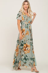 Sage Floral Chiffon Short Sleeve Maxi Dress
