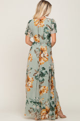 Sage Floral Chiffon Short Sleeve Maxi Dress
