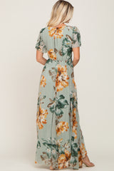 Sage Floral Chiffon Short Sleeve Maxi Dress