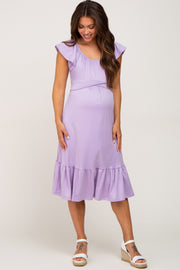 Lavender Tie Back Flounce Sleeve Maternity Midi Dress