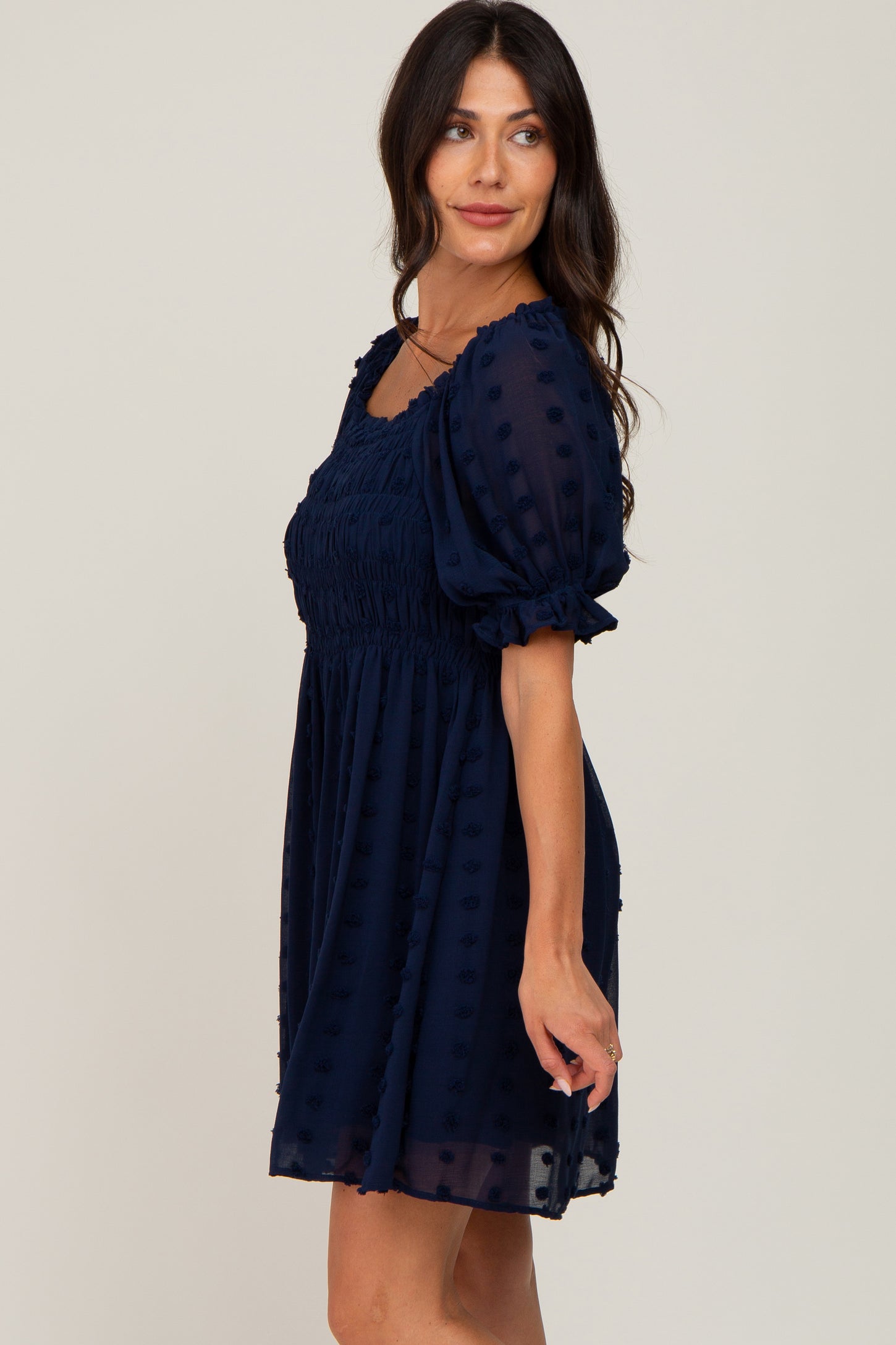 Navy Blue Textured Polka Dot Chiffon Smocked Dress – PinkBlush