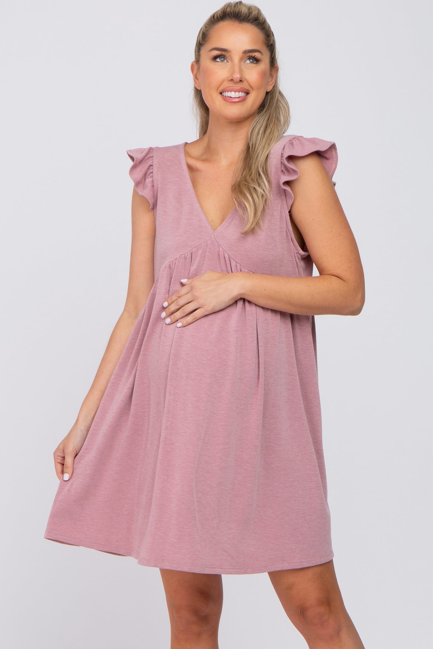 Mauve Heathered Flutter Sleeve Maternity Dress