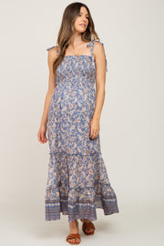 Blue Paisley Print Sleeveless Ruffle Hem Maternity Maxi Dress
