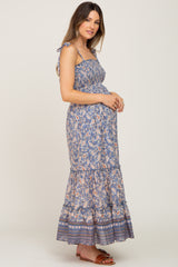 Blue Paisley Print Sleeveless Ruffle Hem Maternity Maxi Dress