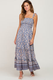 Blue Paisley Print Sleeveless Ruffle Hem Maxi Dress
