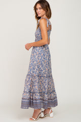 Blue Paisley Print Sleeveless Ruffle Hem Maxi Dress