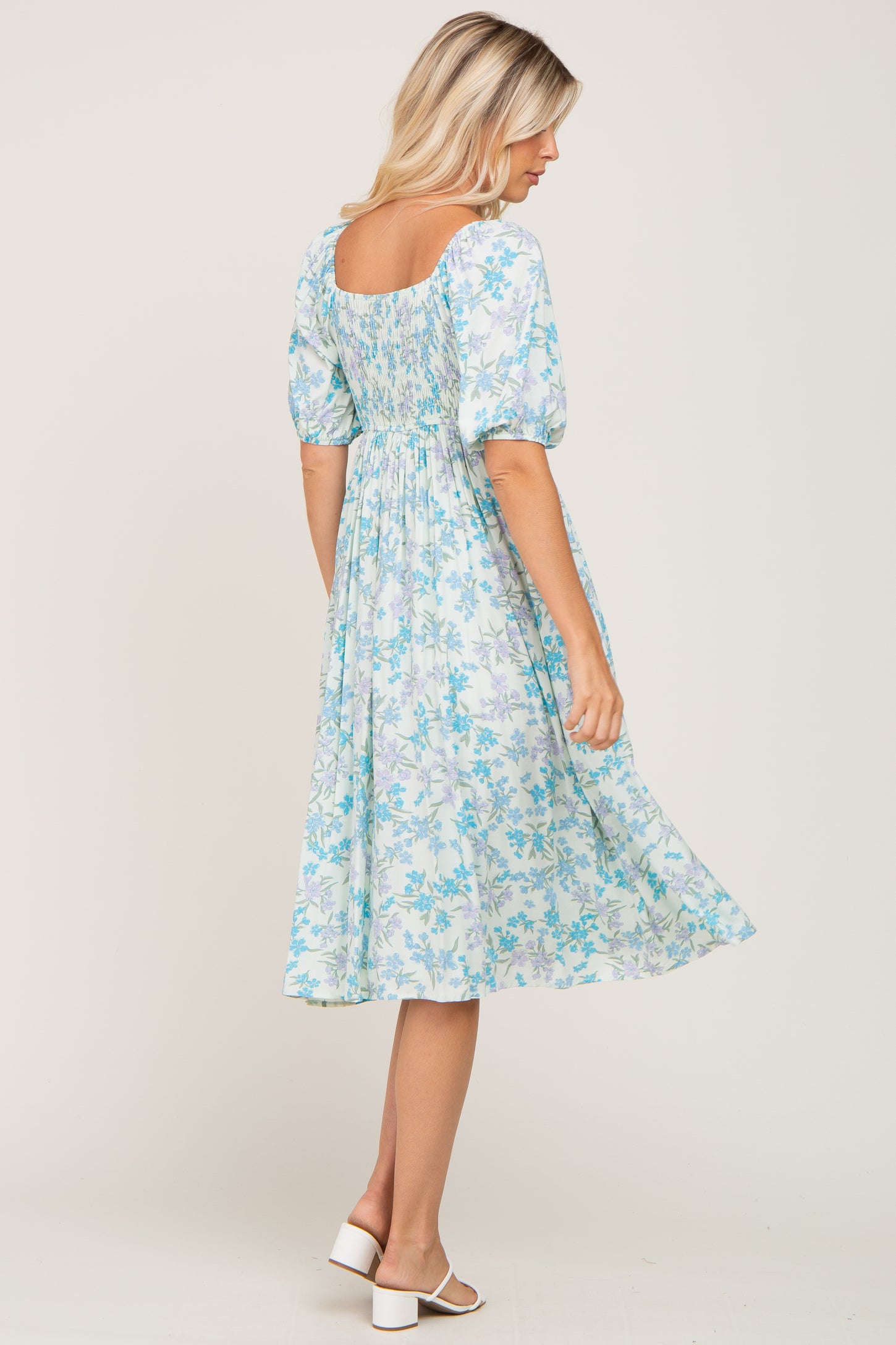 Mint Green Floral Cinched Bust Midi Dress