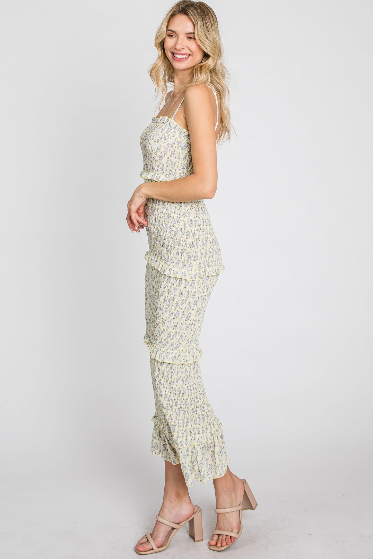 Yellow Floral Print Smocked Midi Dress