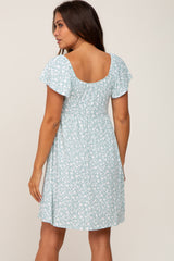 Mint Green Floral Ribbed Sweetheart Neck Ruched Front Maternity Dress