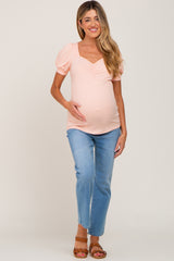 Peach Ribbed Sweetheart Neck Short Puff Sleeve Maternity Top