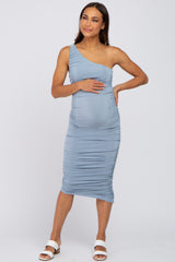 Light Blue One Shoulder Ruched Maternity Midi Dress