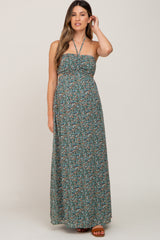 Forest Green Floral Chiffon Side Cutout Halter Maternity Maxi Dress