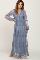 PinkBlush Blue Grey Lace Mesh Overlay Long Sleeve Maxi Dress