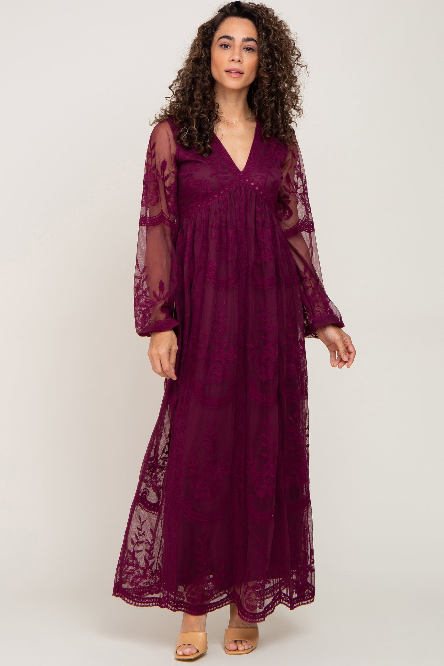 PinkBlush Burgundy Lace Mesh Overlay Long Sleeve Maxi Dress