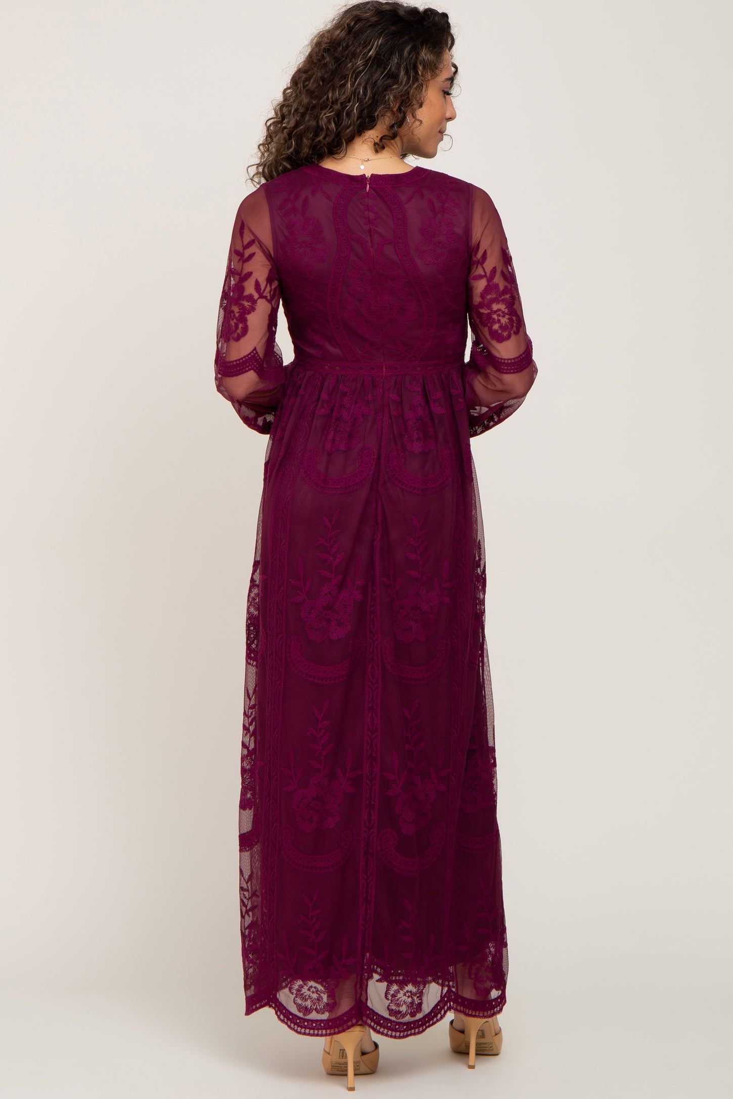 PinkBlush Burgundy Lace Mesh Overlay Long Sleeve Maxi Dress