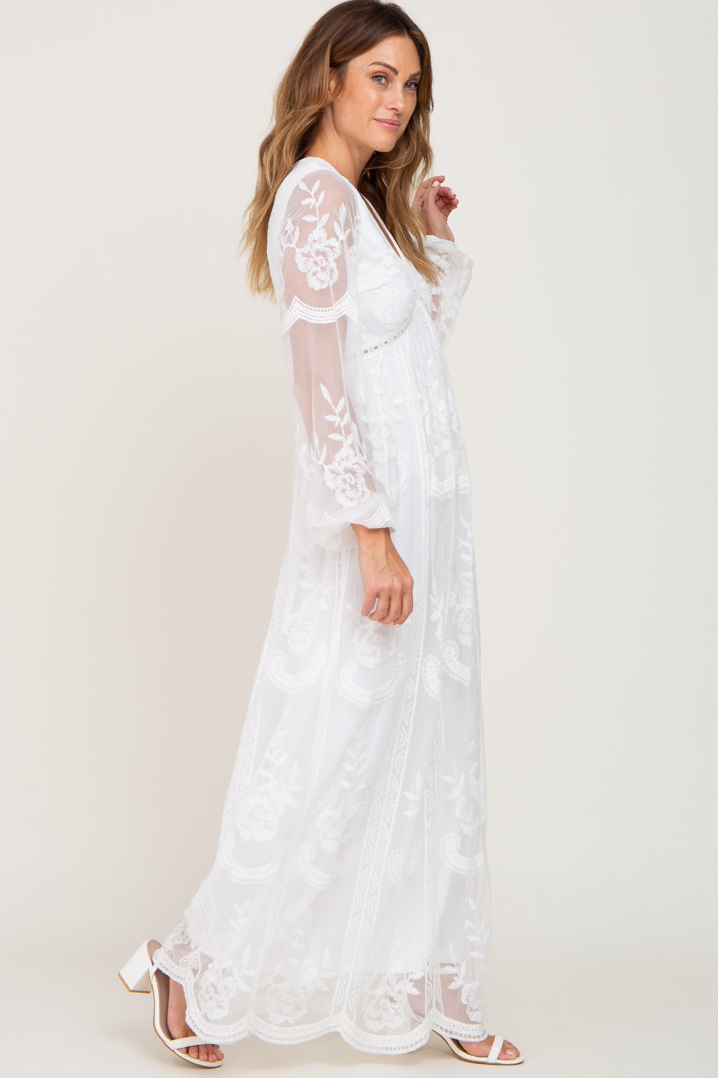 PinkBlush White Lace Mesh Overlay Long Sleeve Maxi Dress