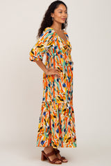 Multi-Color Brush Stroke Sweetheart Neck Midi Dress