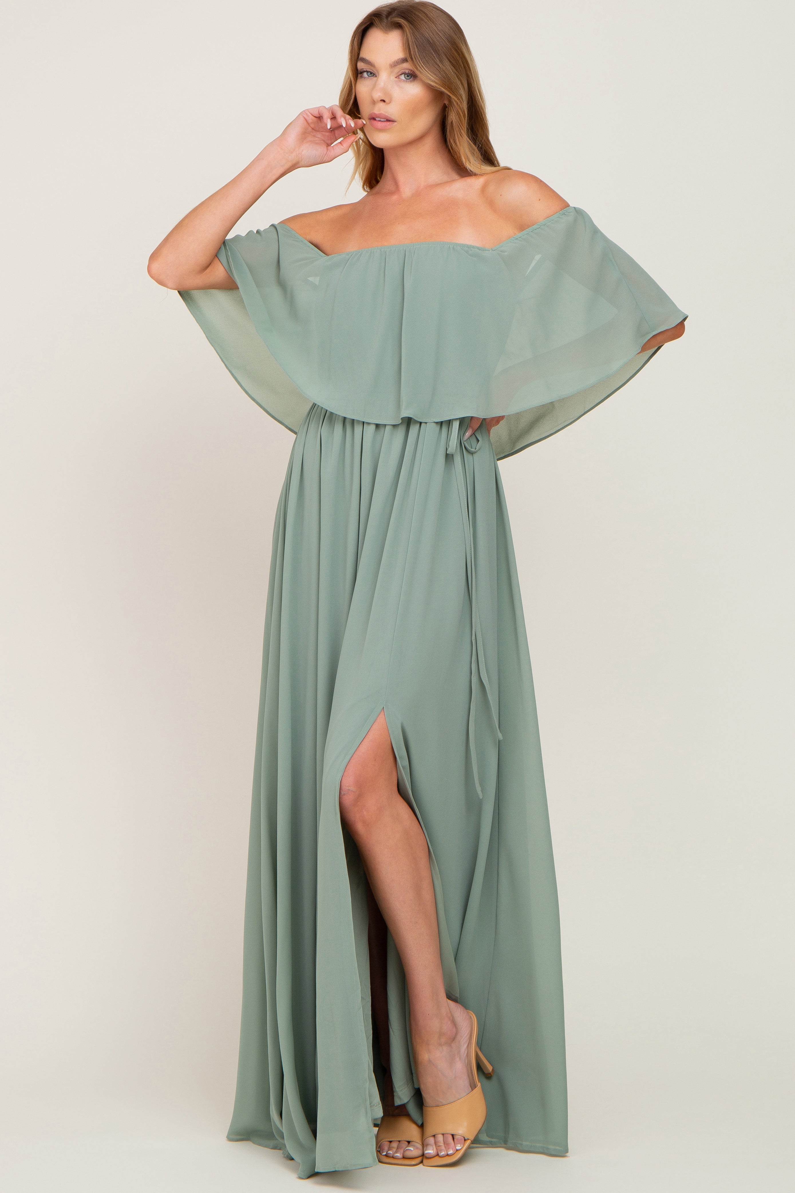 sachin and babi light blue dress Sage Green Floral Printed Chiffon Flared Maxi Dress with Buttons