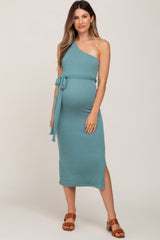Green Ribbed One Shoulder Side Slit Maternity Midi Dress