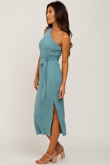 Green Ribbed One Shoulder Side Slit Midi Dress