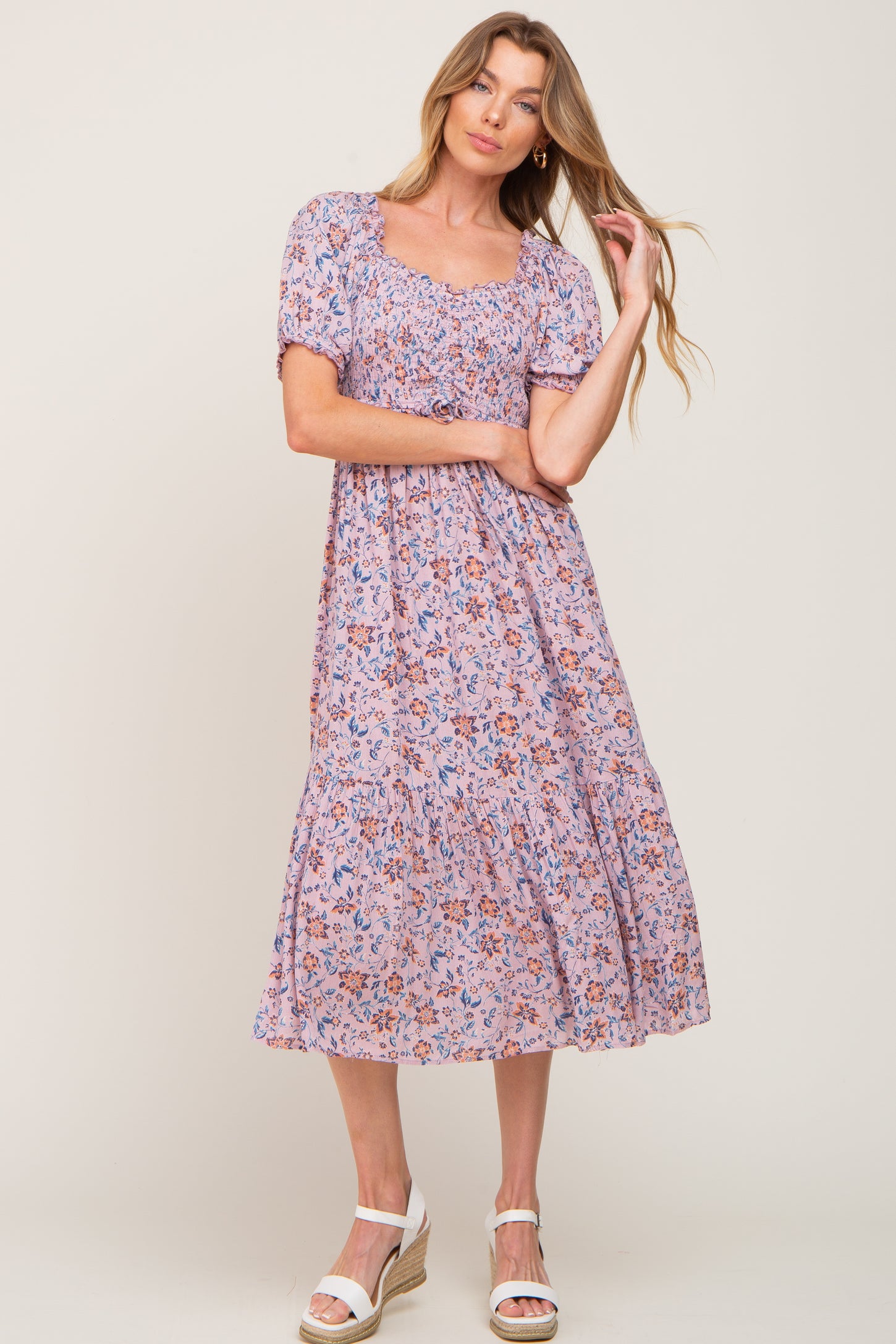 Mauve Floral Smocked Sweetheart Neck Midi Dress