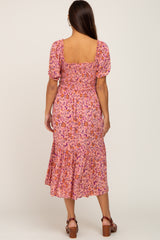 Pink Floral Smocked Maternity Midi Dress