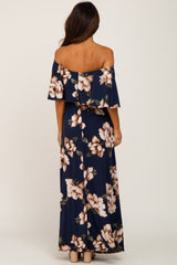 Navy Floral Flounce Off Shoulder Maxi Dress