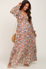 Multi-Color Floral Open Back Chiffon Maternity Maxi Dress