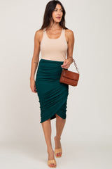 Forest Green Ruched Wrap Front Midi Skirt